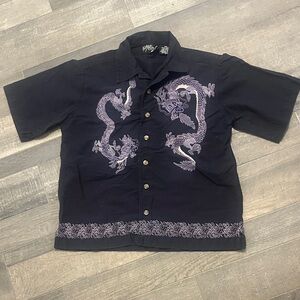 Dragon Print Button-Down Shirt - Black